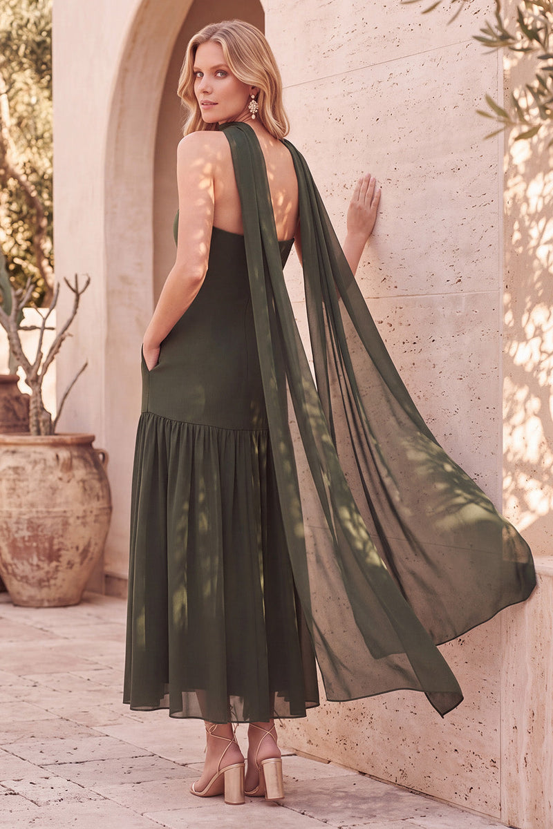 Laden Sie das Bild in den Galerie-Viewer, Olivgrün Figurbetont und ausgestellt Ohne Träger Perlenbesatz Chiffon Plissee Midi Kleid für Hochzeitsgast mit Cape