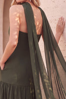Laden Sie das Bild in den Galerie-Viewer, Olivgrün Figurbetont und ausgestellt Ohne Träger Perlenbesatz Chiffon Plissee Midi Kleid für Hochzeitsgast mit Cape