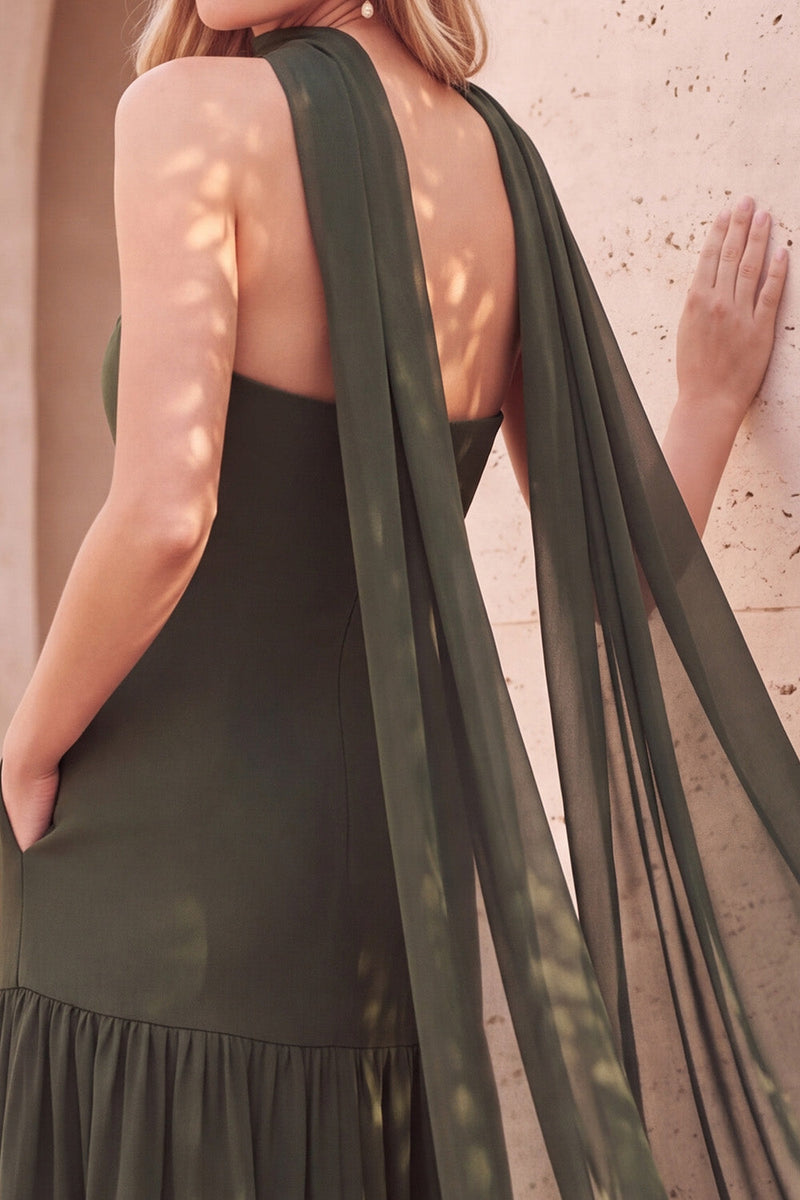 Laden Sie das Bild in den Galerie-Viewer, Olivgrün Figurbetont und ausgestellt Ohne Träger Perlenbesatz Chiffon Plissee Midi Kleid für Hochzeitsgast mit Cape