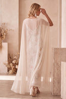 Laden Sie das Bild in den Galerie-Viewer, Elfenbein-Scheide-Bateau-Hals, Pailletten-Maxi-Hochzeitskleid mit Chiffon-Umhang