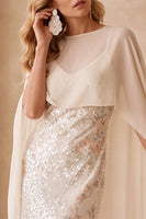 Laden Sie das Bild in den Galerie-Viewer, Elfenbein-Scheide-Bateau-Hals, Pailletten-Maxi-Hochzeitskleid mit Chiffon-Umhang