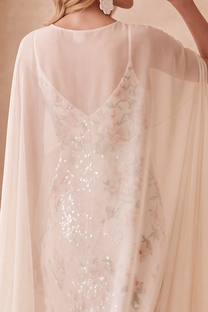 Laden Sie das Bild in den Galerie-Viewer, Elfenbein-Scheide-Bateau-Hals, Pailletten-Maxi-Hochzeitskleid mit Chiffon-Umhang