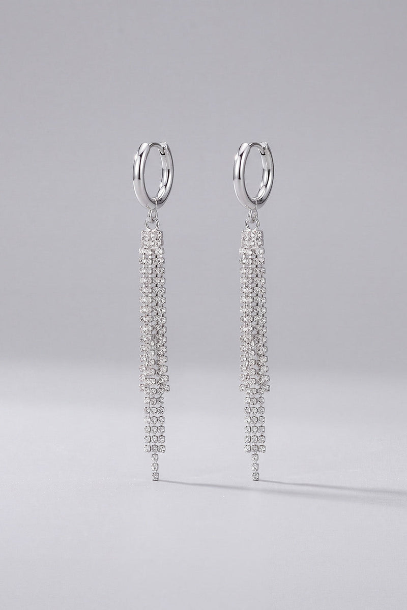 Laden Sie das Bild in den Galerie-Viewer, Silberne Long Rhinestones Huggie Hoop Tassel Drop Long Prom Ohrringe