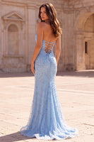 Laden Sie das Bild in den Galerie-Viewer, Glitzer Hellblau Strasssteine Meerjungfrau Satin Neckholder Corsage Tüll Langes Abiballkleid mit Schlitz