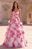 Laden Sie das Bild in den Galerie-Viewer, Fuchsia A-Linie trägerloses, gestuftes, gerüschendes Organza-Organza-Muster langes Abschlussballkleid mit Schleife