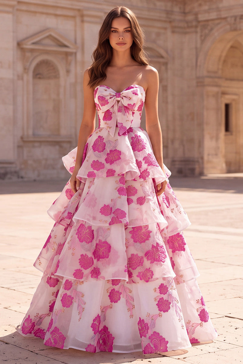 Laden Sie das Bild in den Galerie-Viewer, Fuchsia A-Linie trägerloses, gestuftes, gerüschendes Organza-Organza-Muster langes Abschlussballkleid mit Schleife