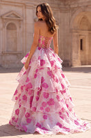 Laden Sie das Bild in den Galerie-Viewer, Fuchsia A-Linie trägerloses, gestuftes, gerüschendes Organza-Organza-Muster langes Abschlussballkleid mit Schleife