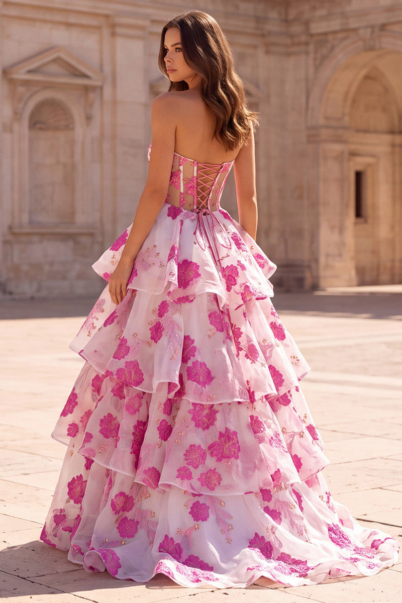 Laden Sie das Bild in den Galerie-Viewer, Fuchsia A-Linie trägerloses, gestuftes, gerüschendes Organza-Organza-Muster langes Abschlussballkleid mit Schleife