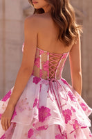Laden Sie das Bild in den Galerie-Viewer, Fuchsia A-Linie trägerloses, gestuftes, gerüschendes Organza-Organza-Muster langes Abschlussballkleid mit Schleife