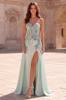 Laden Sie das Bild in den Galerie-Viewer, Mint Meerjungfrauen-Korsett Meerjungfrauen-Perlenträger mit transparenten Spaghettiträgern, langes Abschlussballkleid mit Drapierung
