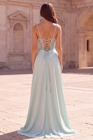 Laden Sie das Bild in den Galerie-Viewer, Mint Meerjungfrauen-Korsett Meerjungfrauen-Perlenträger mit transparenten Spaghettiträgern, langes Abschlussballkleid mit Drapierung