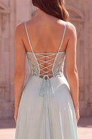 Laden Sie das Bild in den Galerie-Viewer, Mint Meerjungfrauen-Korsett Meerjungfrauen-Perlenträger mit transparenten Spaghettiträgern, langes Abschlussballkleid mit Drapierung