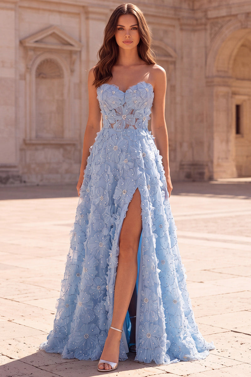 Laden Sie das Bild in den Galerie-Viewer, Hellblaues A-Linien Blumenapplikationen Trägerlose Perlen Langes Abschlussballkleid mit Schlitz