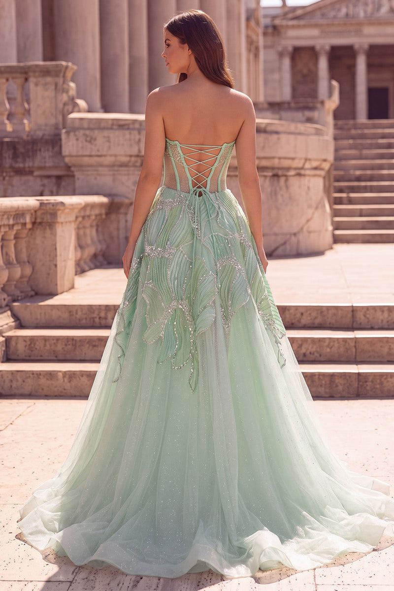 Laden Sie das Bild in den Galerie-Viewer, Glitzergrünes, mintgrünes Korsett, transparentes, perlenbesetztes A-Linien-Tüll, trägerloses langes Abschlussballkleid