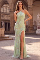 Laden Sie das Bild in den Galerie-Viewer, Langballkleid mit Halter aus Mint und grüner Perlen, Meerjungfrauen-Langball-Kleid mit Schlitz