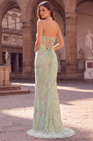 Laden Sie das Bild in den Galerie-Viewer, Langballkleid mit Halter aus Mint und grüner Perlen, Meerjungfrauen-Langball-Kleid mit Schlitz