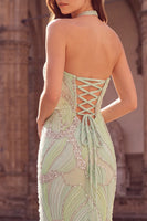 Laden Sie das Bild in den Galerie-Viewer, Langballkleid mit Halter aus Mint und grüner Perlen, Meerjungfrauen-Langball-Kleid mit Schlitz