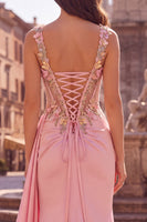 Laden Sie das Bild in den Galerie-Viewer, Pinke Blumenapplikationen Korsett, transparentes Satin-Meerjungfrauen-Langes, abschlussballbezogenes Kleid mit Schlitz