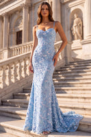 Laden Sie das Bild in den Galerie-Viewer, Hellblaue Meerjungfrauen-Floralapplikationen Korsett Spaghetti-Träger langes Abschlussballkleid
