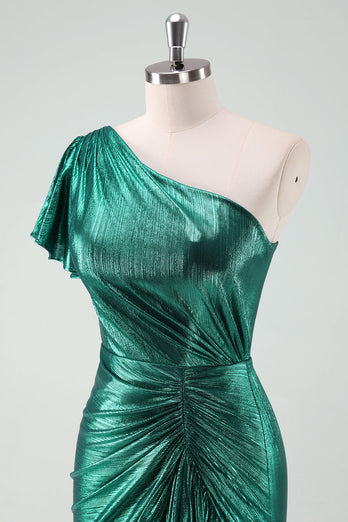 Dunkelgrünes Metallic Eine Schulter Meerjungfrauen Cocktailkleid mit Rüschen