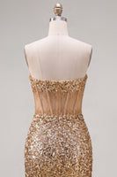 Laden Sie das Bild in den Galerie-Viewer, Glitzerndes goldenes Bodycon, Sweetheart, transparentes Korsett, Pailletten, Homecoming-Kleid