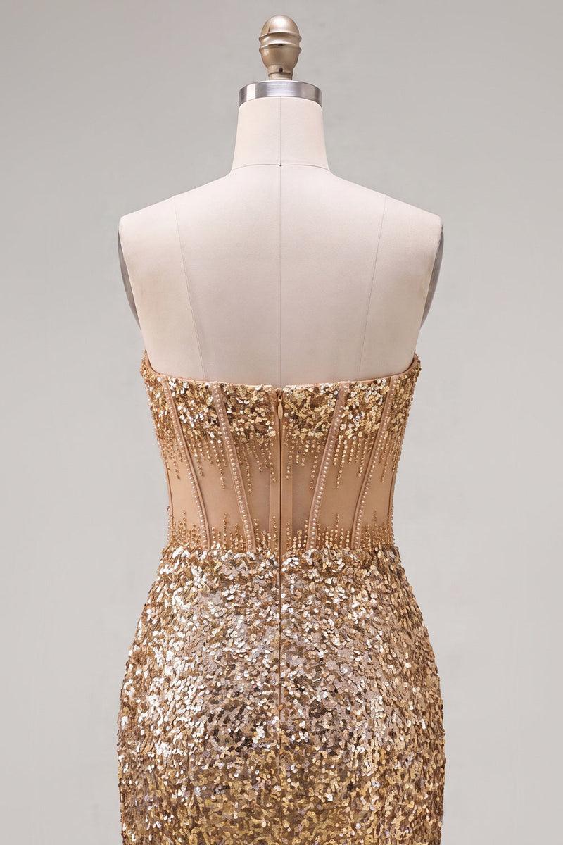 Laden Sie das Bild in den Galerie-Viewer, Glitzerndes goldenes Bodycon, Sweetheart, transparentes Korsett, Pailletten, Homecoming-Kleid