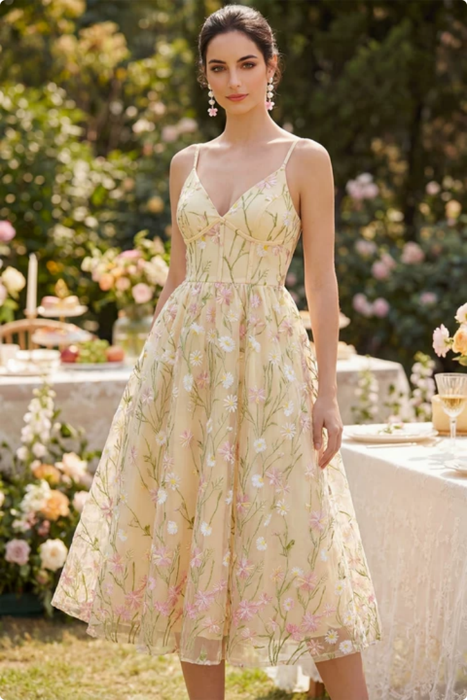 Laden Sie das Bild in den Galerie-Viewer, Hellgelbes Korsett, Spaghettiträger, floralt A-Linie Midi-Kleid