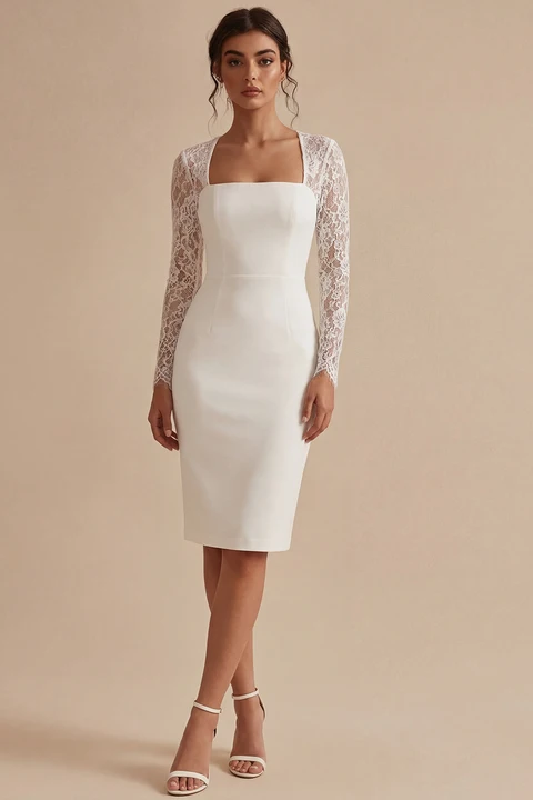 Laden Sie das Bild in den Galerie-Viewer, Weißes Midi Bodycon Blumen Standesamt Kleid mit Spitze