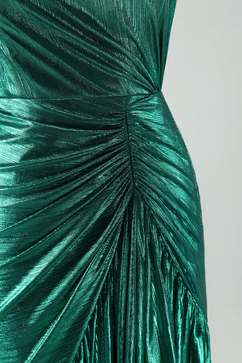 Dunkelgrünes Metallic Eine Schulter Meerjungfrauen Cocktailkleid mit Rüschen