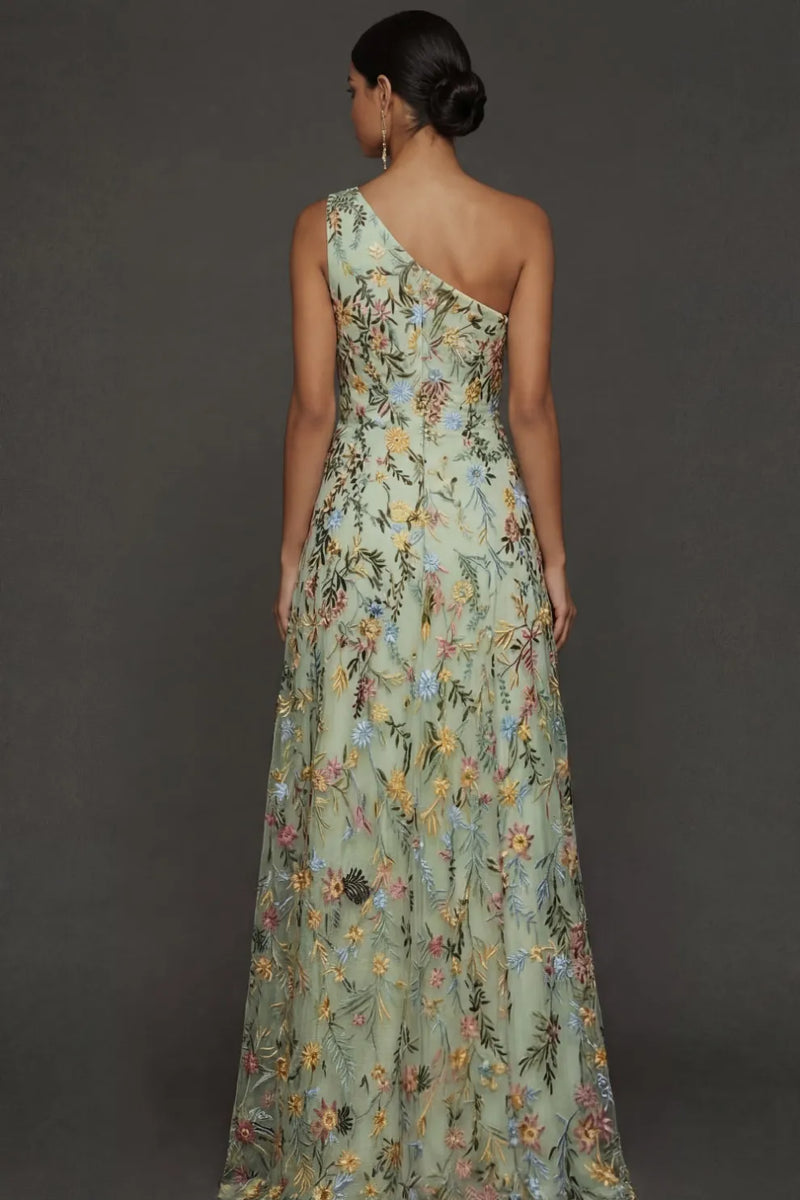 Laden Sie das Bild in den Galerie-Viewer, Blumen Mauve Einschulter A-Linie Langes Ballkleid mit Schlitz
