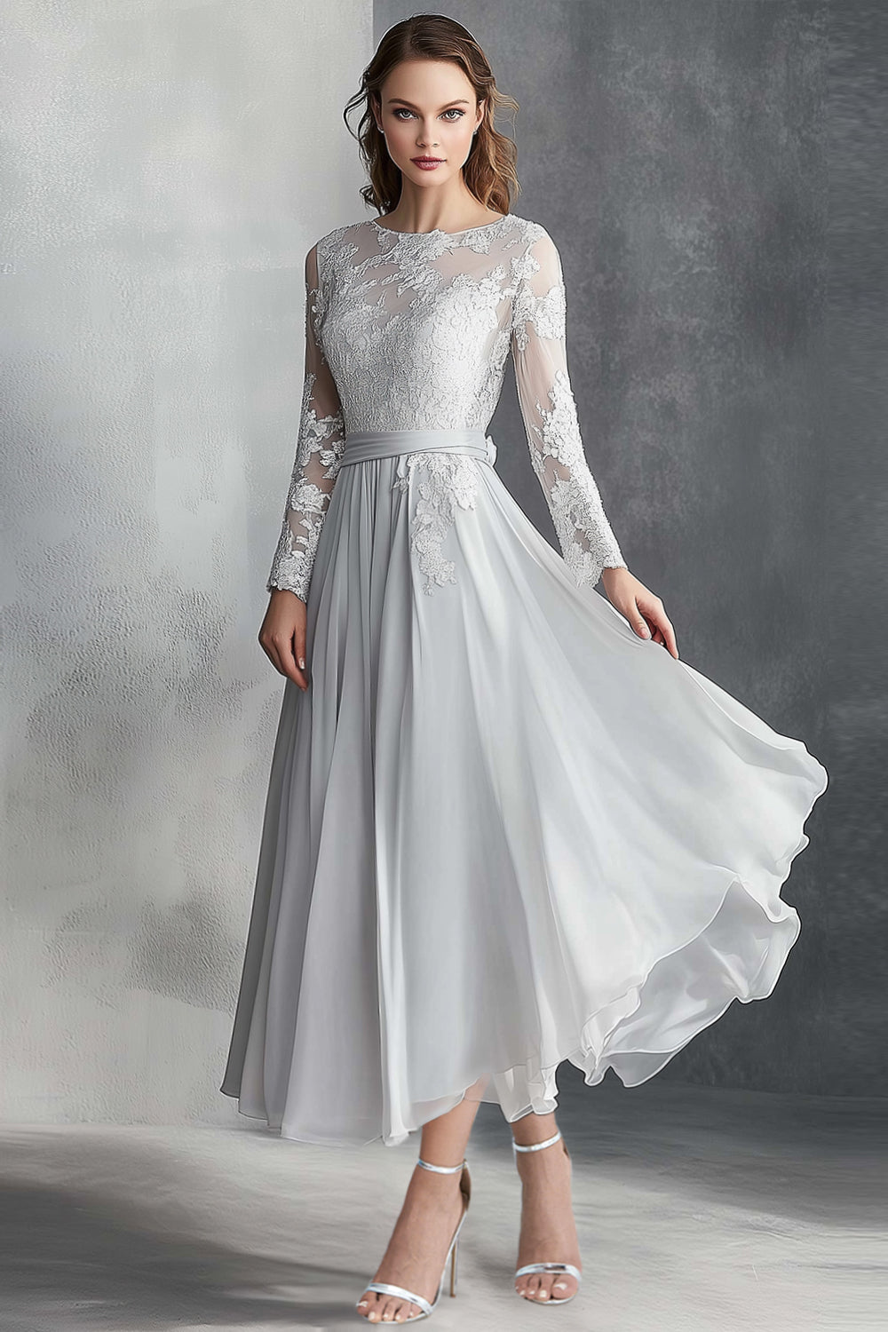 Chiffon Grau A Linie Brautmutter Kleid mit Spitzen Applikationen