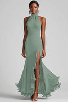 Laden Sie das Bild in den Galerie-Viewer, Schwarzes Meerjungfrau Langes Neckholder Rüschen Abendkleid mit Schlitz