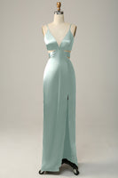 Laden Sie das Bild in den Galerie-Viewer, Spaghettiträger ausgeschnittenes oliv langes Brautjungfernkleid mit Schlitz