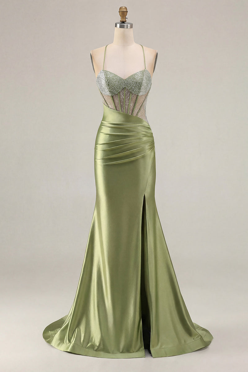 Laden Sie das Bild in den Galerie-Viewer, Rosa Perlen Meerjungfrauen Spaghettiträger Korsett Gerafftes Langes Ballkleid mit Schlitz