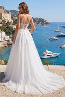 Laden Sie das Bild in den Galerie-Viewer, Weiße Spaghettiträger Korsett A-Linie appliquiertes Tüll-Hochzeitskleid