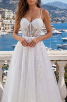 Laden Sie das Bild in den Galerie-Viewer, Weiße Spaghettiträger Korsett A-Linie appliquiertes Tüll-Hochzeitskleid