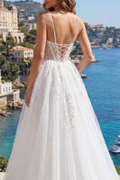 Laden Sie das Bild in den Galerie-Viewer, Weiße Spaghettiträger Korsett A-Linie appliquiertes Tüll-Hochzeitskleid