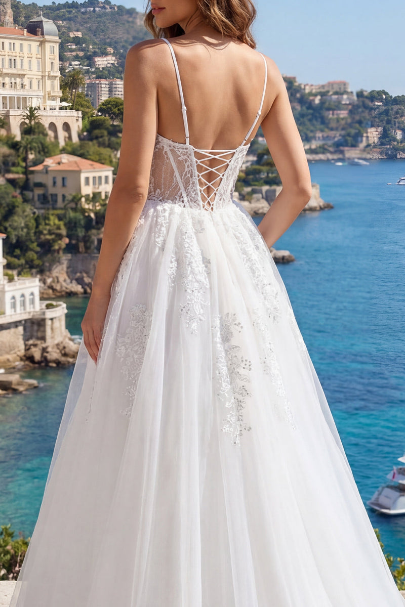 Laden Sie das Bild in den Galerie-Viewer, Weiße Spaghettiträger Korsett A-Linie appliquiertes Tüll-Hochzeitskleid