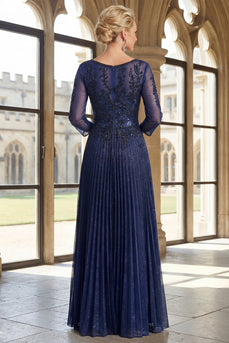 Glitzerndes marineblaues V-Ausschnitt-Plissierten-A-Linien-Mutter-der-Braut-Kleid