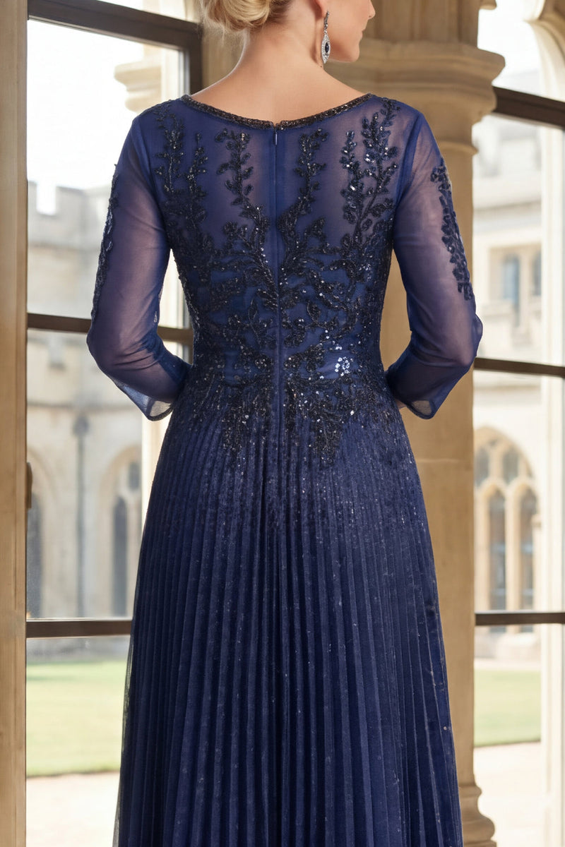 Laden Sie das Bild in den Galerie-Viewer, Glitzerndes marineblaues V-Ausschnitt-Plissierten-A-Linien-Mutter-der-Braut-Kleid