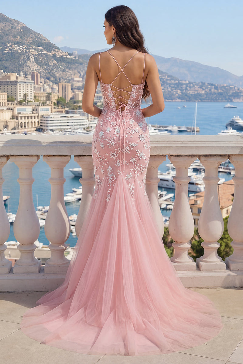 Laden Sie das Bild in den Galerie-Viewer, Rosa V-Ausschnitt Meerjungfrauen-Applikationskleid aus Tüll-Abschlussball