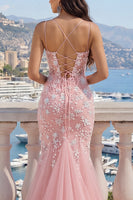Laden Sie das Bild in den Galerie-Viewer, Rosa V-Ausschnitt Meerjungfrauen-Applikationskleid aus Tüll-Abschlussball