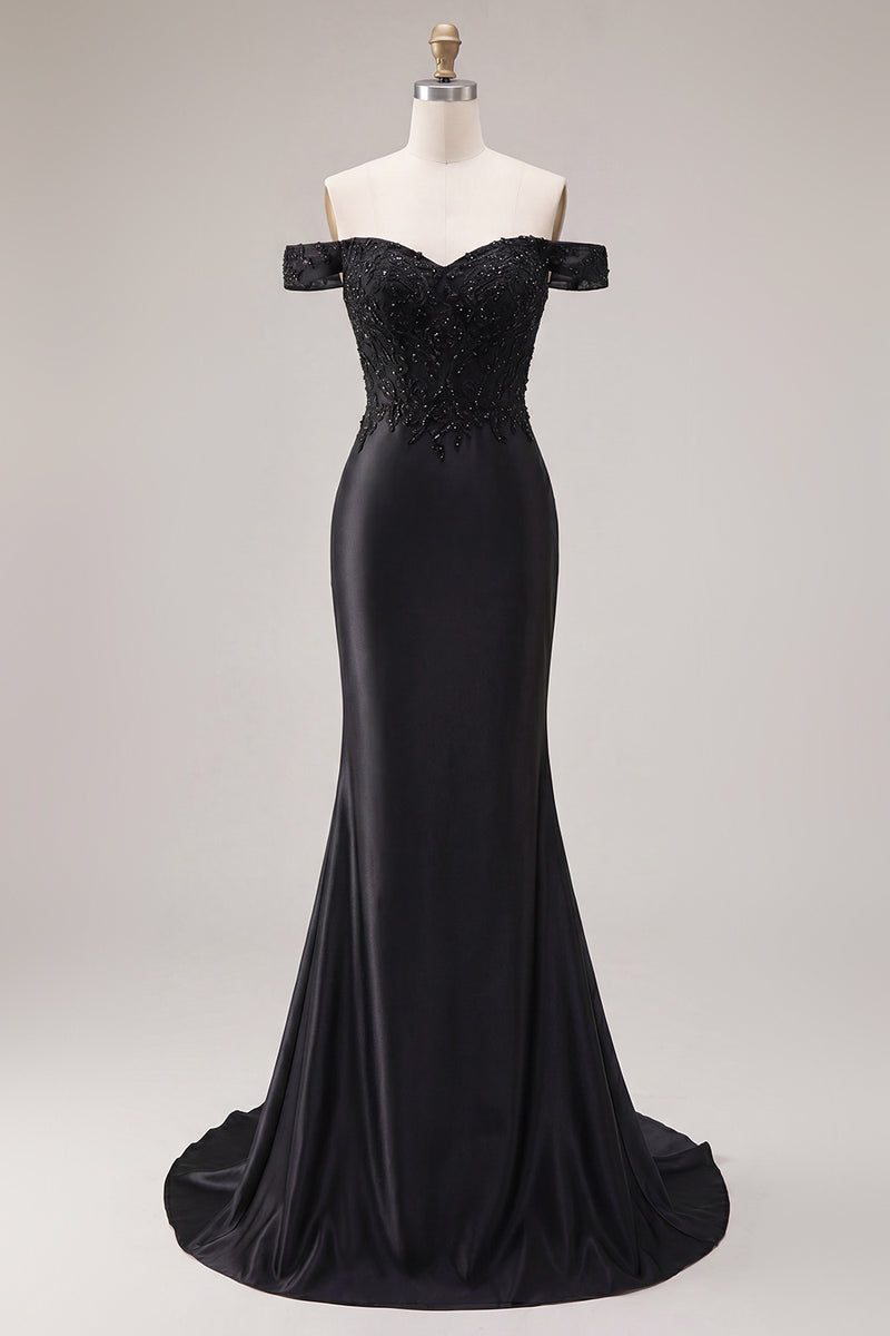 Laden Sie das Bild in den Galerie-Viewer, Off-the-shoulder schwarzes Meerjungfrauen-Satin-Abschlussballkleid