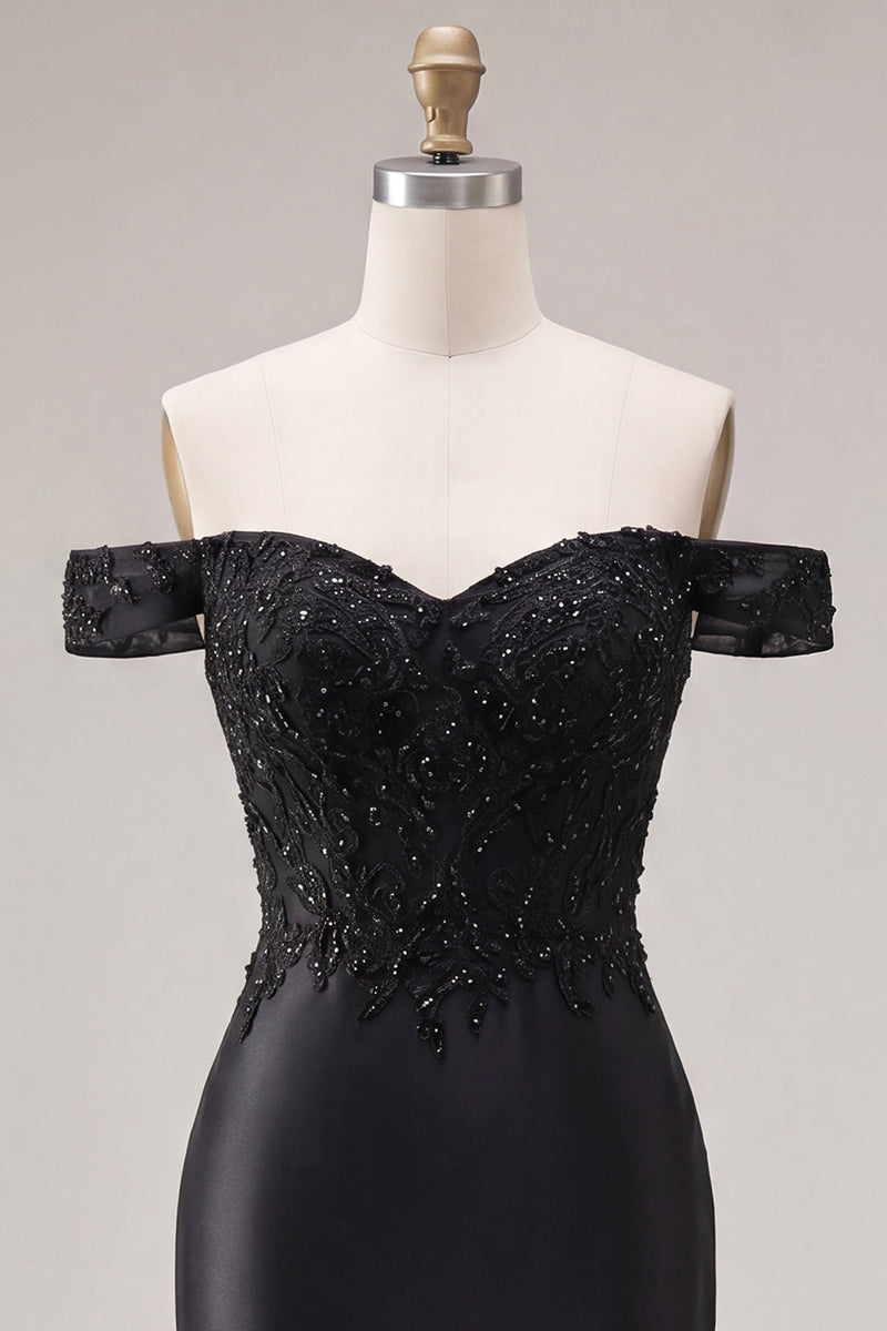 Laden Sie das Bild in den Galerie-Viewer, Off-the-shoulder schwarzes Meerjungfrauen-Satin-Abschlussballkleid