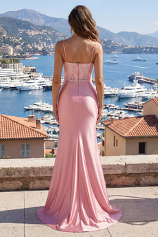 Rouge Spaghettiträger Meerjungfrau-Satin-Abschlussballkleid mit Schlitz