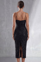 Laden Sie das Bild in den Galerie-Viewer, Glitzerndes schwarzes Midi-Kleid mit Spaghettiträgern