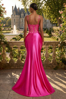 Fuchsiafarbenes Blumen-Perlen-Korsett, Meerjungfrauen-Korsett, langes Abschlussballkleid mit Schlitz