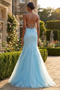 Meerjungfrauenblaues Applikiertes Spaghettiträger Langes Abschlussballkleid