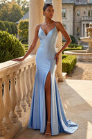 Laden Sie das Bild in den Galerie-Viewer, Langes Abschlussballkleid mit blauem Perlen-Meerjungfrauen-Satin mit Schlitz