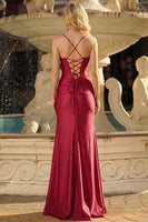 Laden Sie das Bild in den Galerie-Viewer, Burgundergrünes Meerjungfrauen-Korsett, Spitze hinten langes Abschlussballkleid mit Schlitz